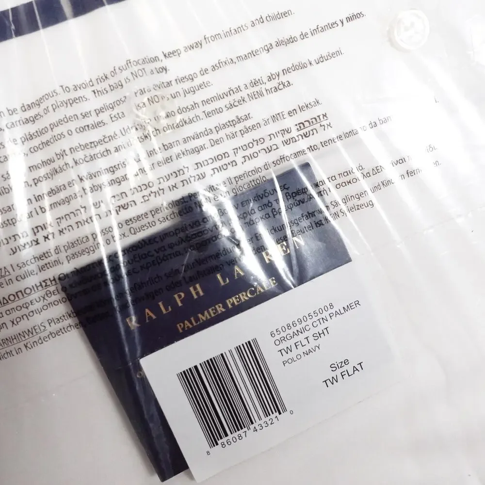 Ralph Lauren Organic Cotton Percale Palmer Twin Flat Sheet White/Polo Navy $125